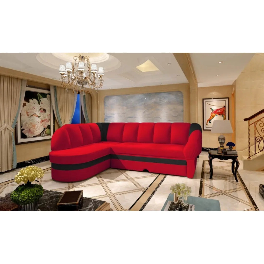 Divano ad angolo sinistro trasformabile BENANA 250 cm rosso e nero con contenitore
