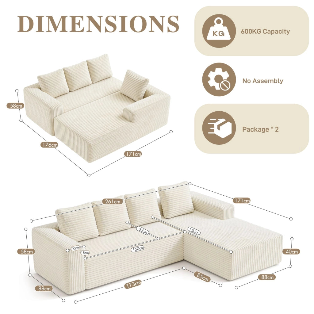 Divano ad angolo, divano a L, con poltrona reclinabile a destra, design modulare, 4 cuscini, pronto all’uso, beige