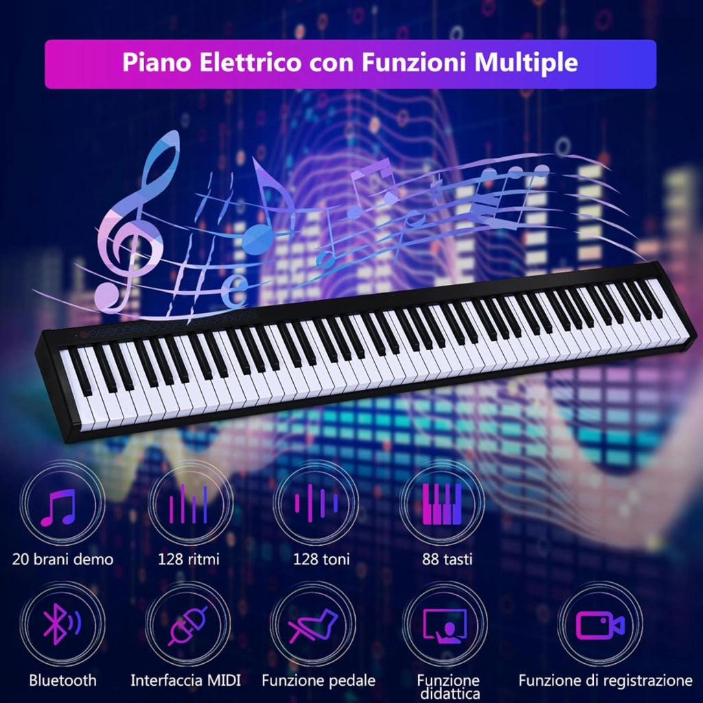 Tastiera Musicale 88 Tasti, Pianoforte Digitale Portatile con Custodia, Pianola con 128 Ritmi e Toni, Pedale Sustain, MIDI, USB e Funzione di APP Bluetooth (Nero)