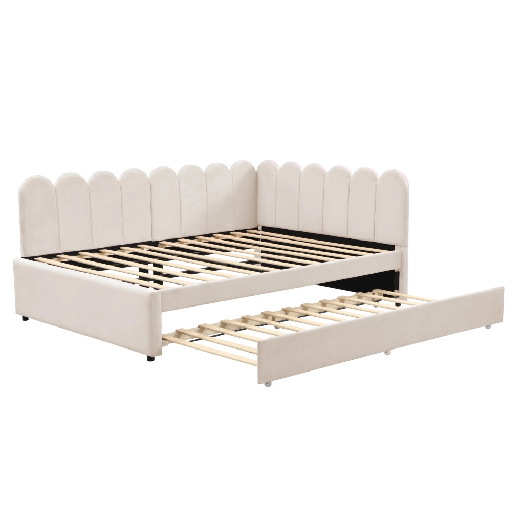 OKWISH Letto Divano 140×200 cm, Letto Matrimoniale con Letto Estraibile e Schienale a Petali, senza Materasso, in Velluto, Beige