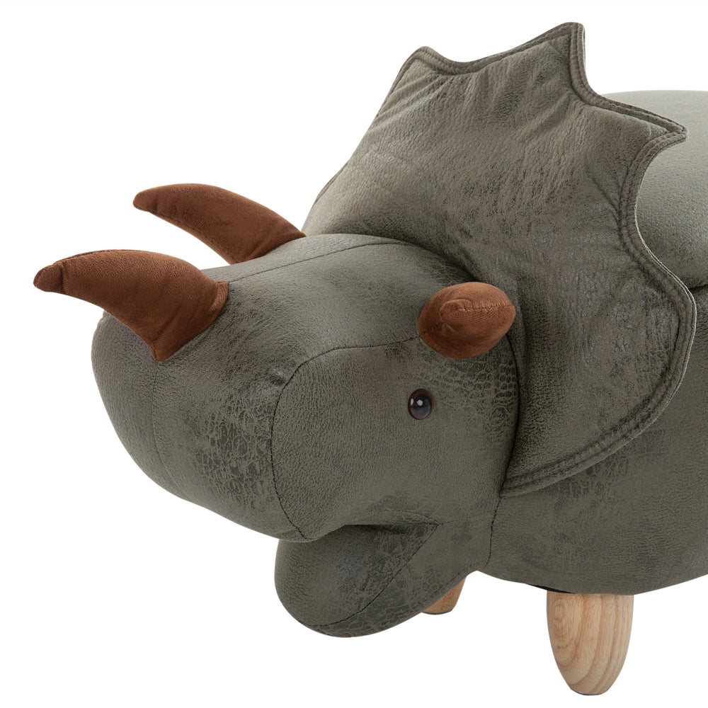 Animale Triceratopo Sgabello per bambini Tessuto in poliestere verde scuro Gambe in legno imbottite contenitore Poggiapiedi