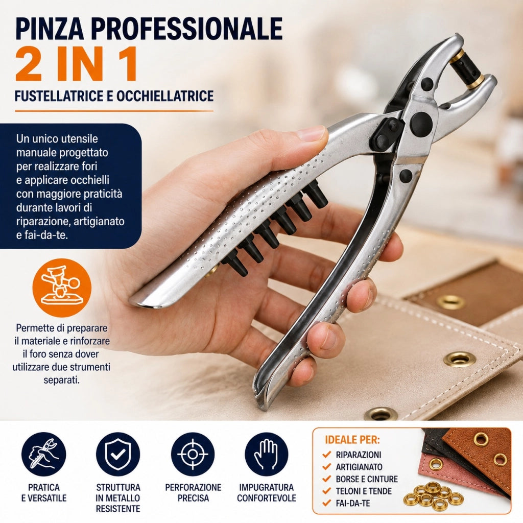 Pinza Fustellatrice Occhiellatrice 2 in 1 con 100 Occhielli in Ottone