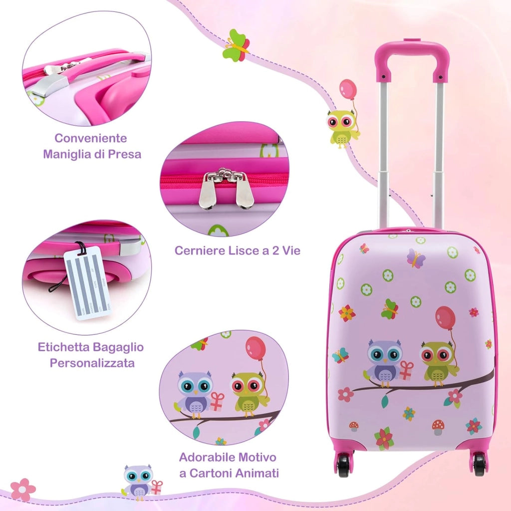 5 Pezzi Valigia per Bambini, Valigia con ManicoTelescopico da 16" con 13" Zainetto, Cuscino per Il Collo, Etichetta per Bagaglio, Borsa per Il Pranzo, con Ruote Girevoli a 360 ° (Modello 4)