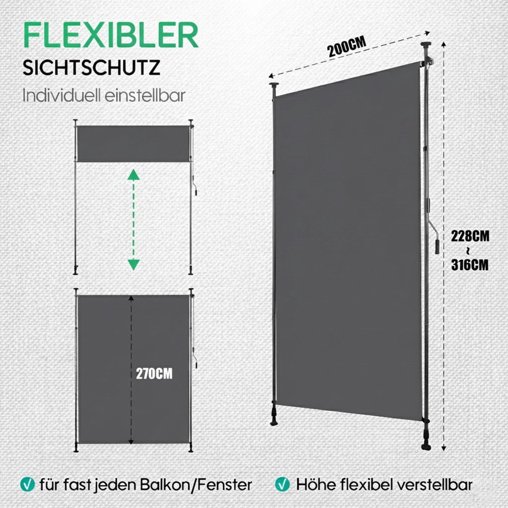 Tenda da Sole Verticale per Balcone e Terrazza ¨C MINIMAL ¨C Antracite, 200x270 cm, Senza Foratura