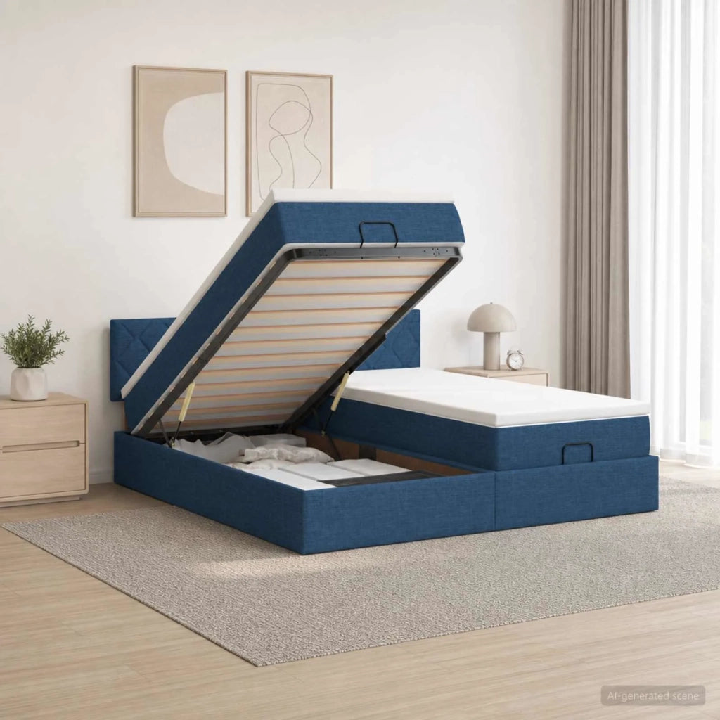 Letto ottomano con materasso con testiera 2 pz Blu Tessuto 3456718