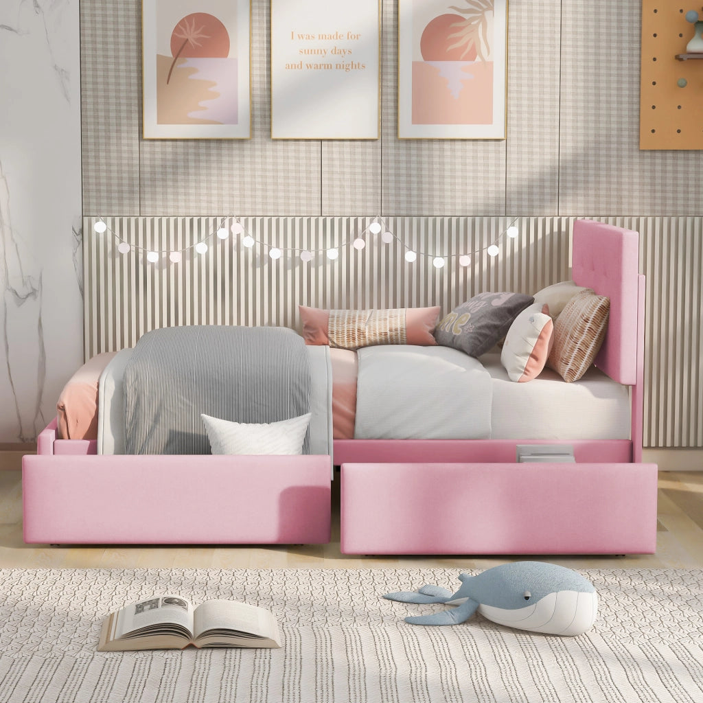 OKWISH Letto Singolo 90×200 cm, Letto Bambini con 1 Cassetto, Testiera e Rete a Doghe, senza Materasso, Imbottito, Rosa