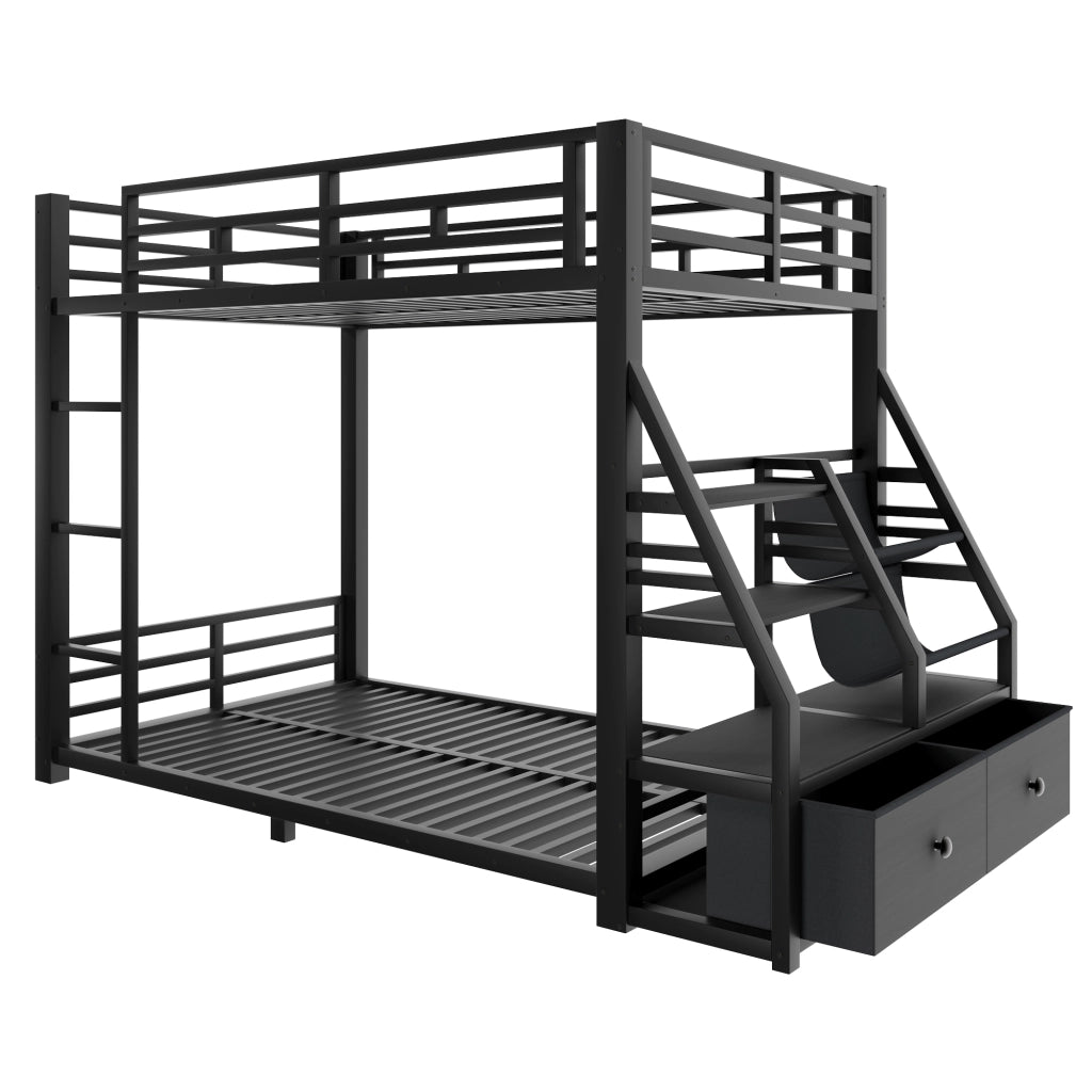 LETTO A CASTELLO 90x200 cm in metallo e legno, nero, con LED e 2 cassetti in tessuto