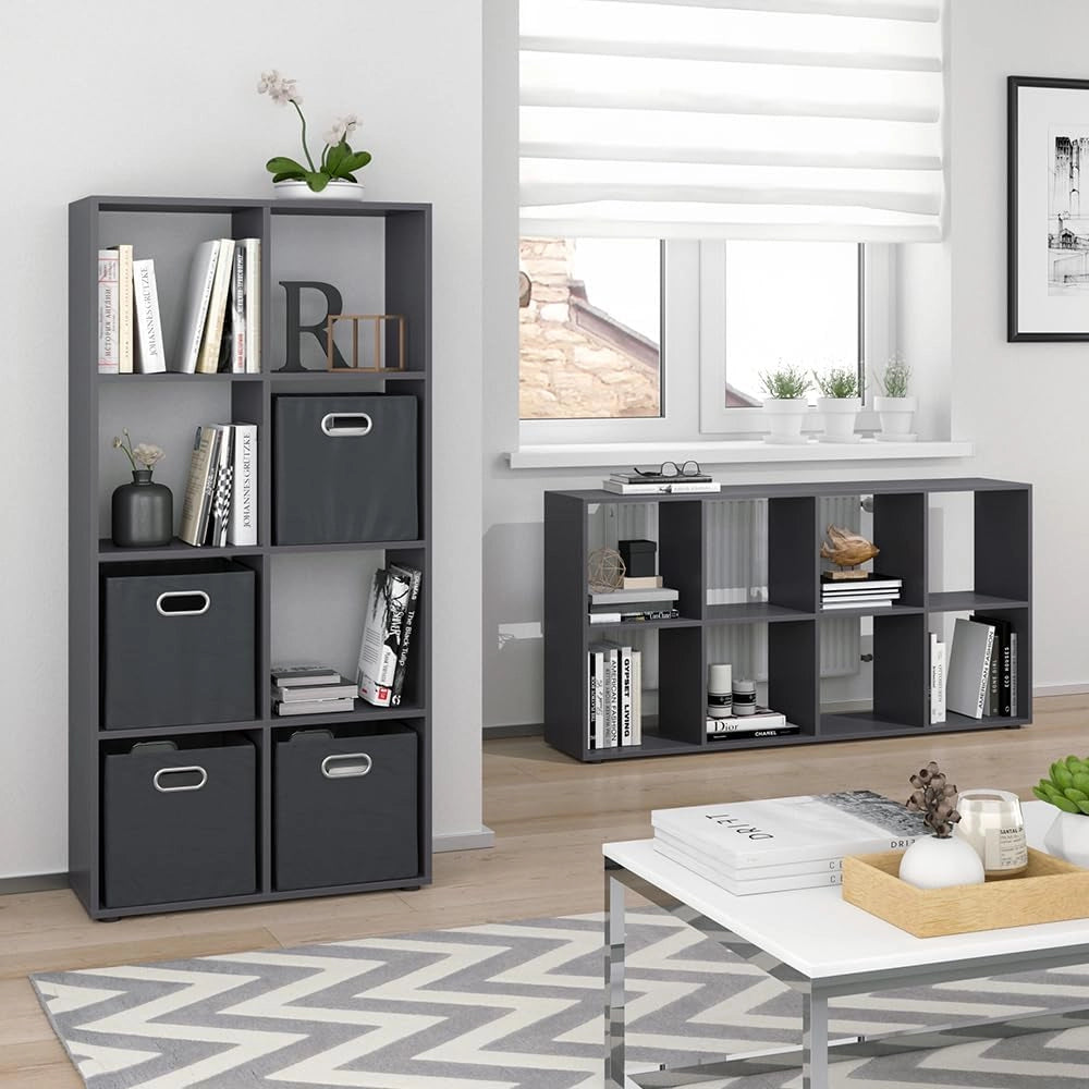 Scaffale Scutum, Grigio, 143 x 72 cm con 4 scatole pieghevoli, adatto come divisorio o scaffale aperto per riporre oggetti