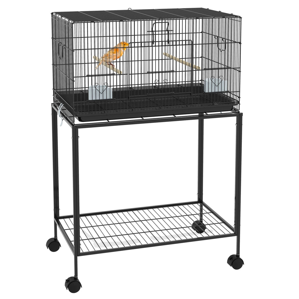 Gabbia per Uccelli con Ruote ¨C Xylo ¨C 77x46x119 cm, Metallo Nero, Vassoio Estraibile, 2 Posatoi