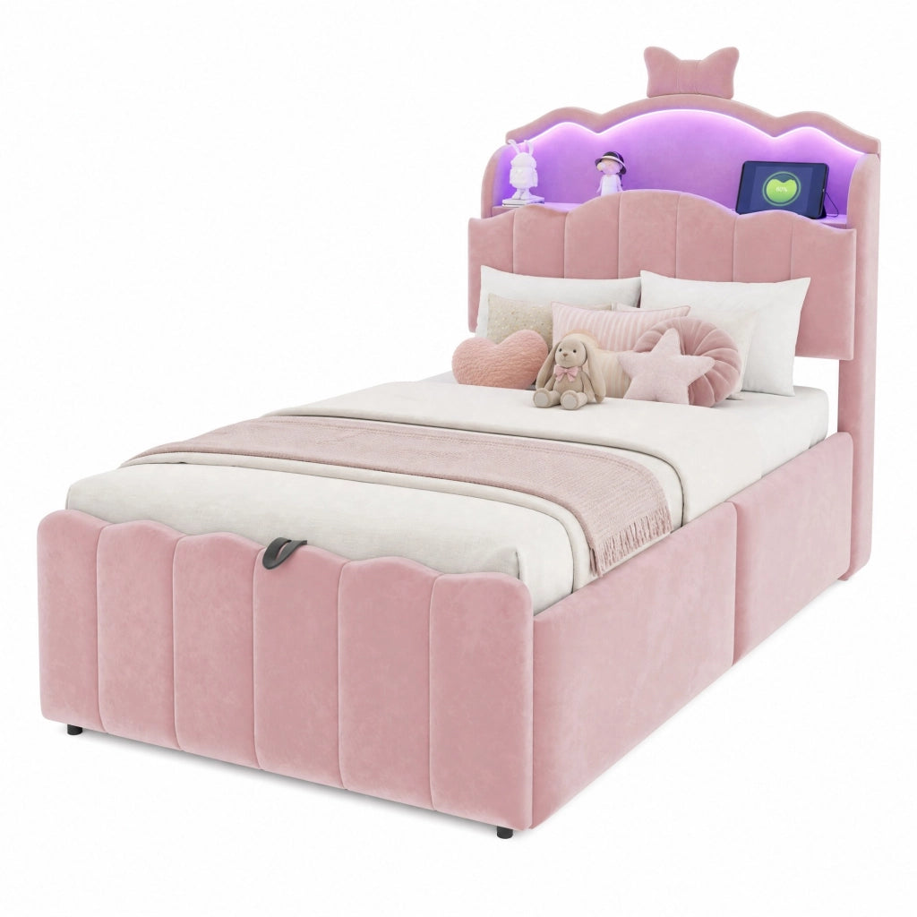 Letto bambini imbottito 90x200 cm con contenitore idraulico, velluto rosa, LED e USB