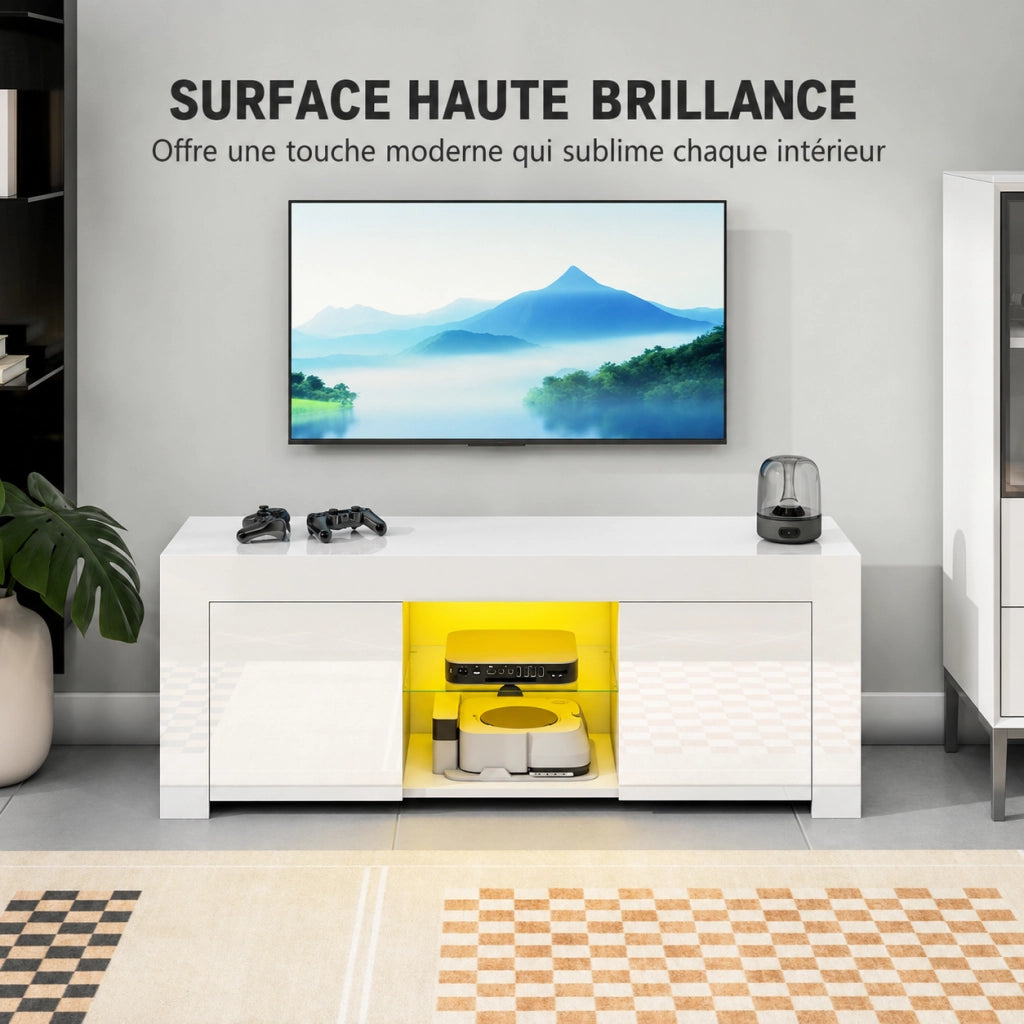 Mobile TV 120x34x45 cm con luci LED RGB; ripiano in vetro; bianco