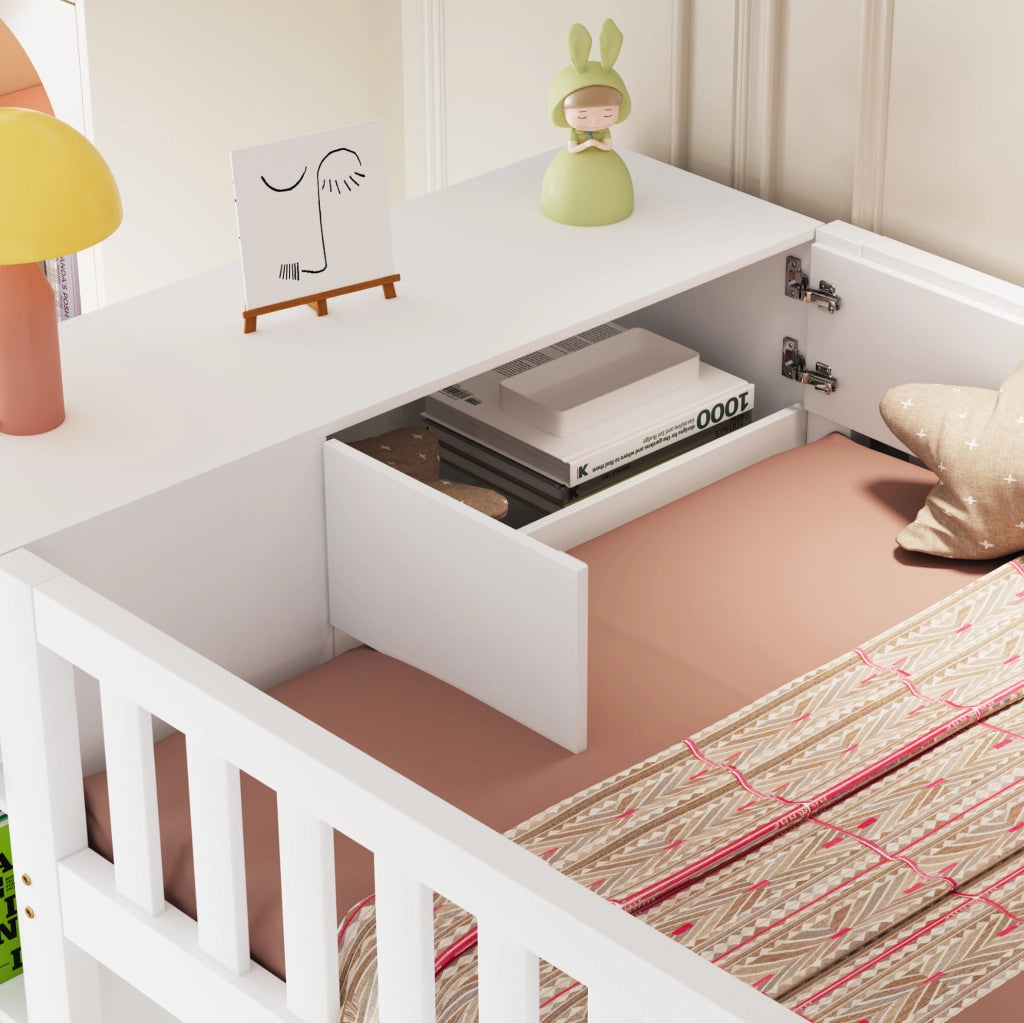 Letto a soppalco 90x200 cm in legno bianco con armadio; ripiani e scala contenitore