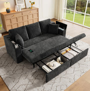 Divano letto 3 posti trasformabile in chenille grigio con struttura in metallo e porta USB