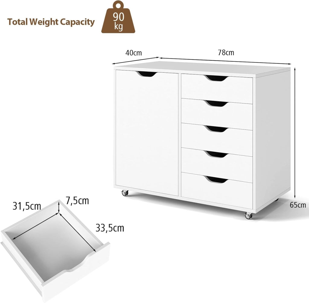 Cassettiera Ufficio con 5 Cassetti, Schedario Portadocumenti con Ruote Universali e Ripaini Regolabili, Mobile Porta Stampante in Legno per Studio, Camera da Letto, 79x39x65 cm (Bianco)