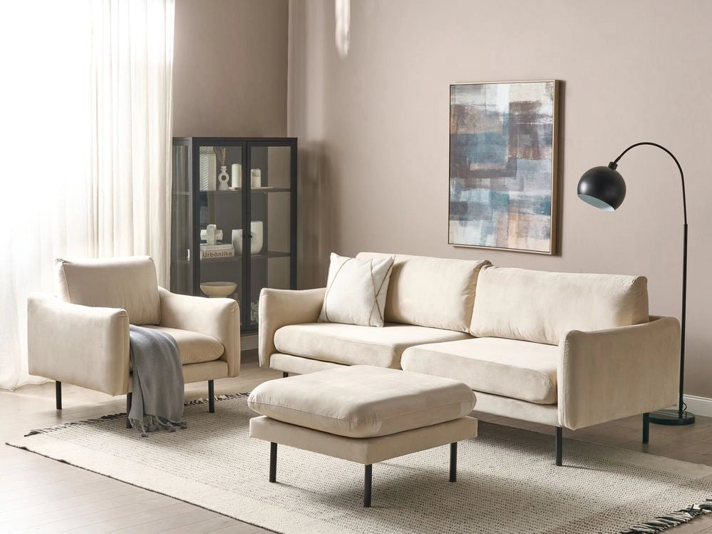 Set da soggiorno in velluto beige chiaro 5 posti Gambe Nere Stile Retrò Moderno