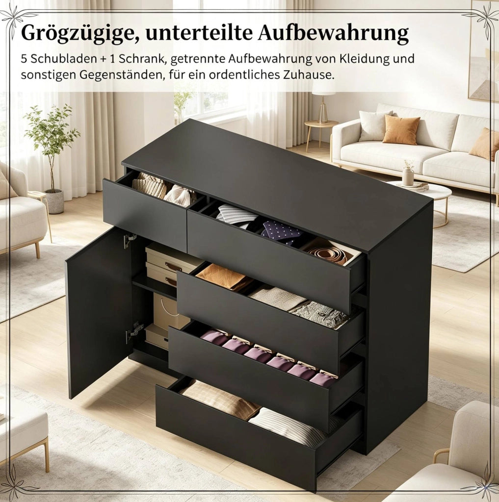 Credenza contenitore 100x40x80 cm con 5 cassetti e anta; nera