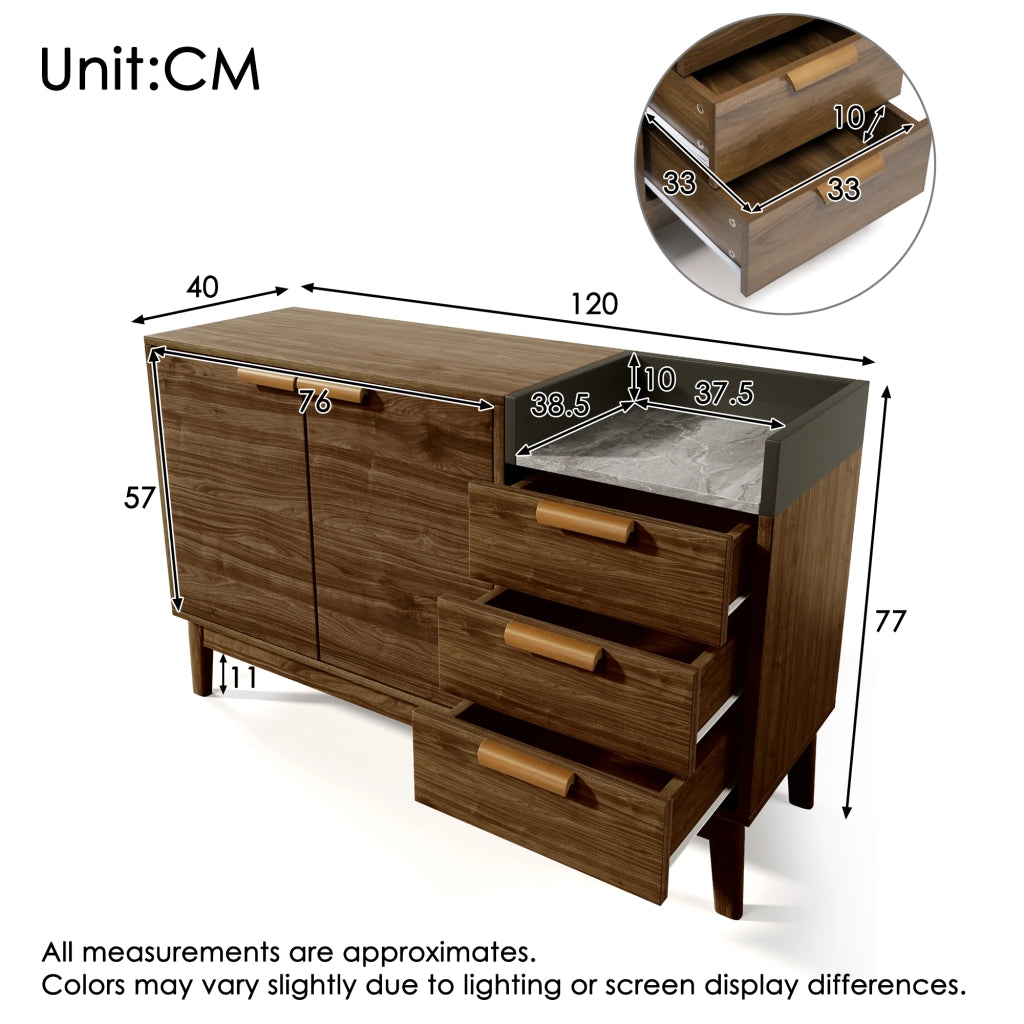 Credenza con 3 Cassetti; Vano a Giorno e 2 Ante; Ripiano Regolabile; Effetto Marmo; in Legno e Metallo; Rovere Scuro; 120×40×77 cm