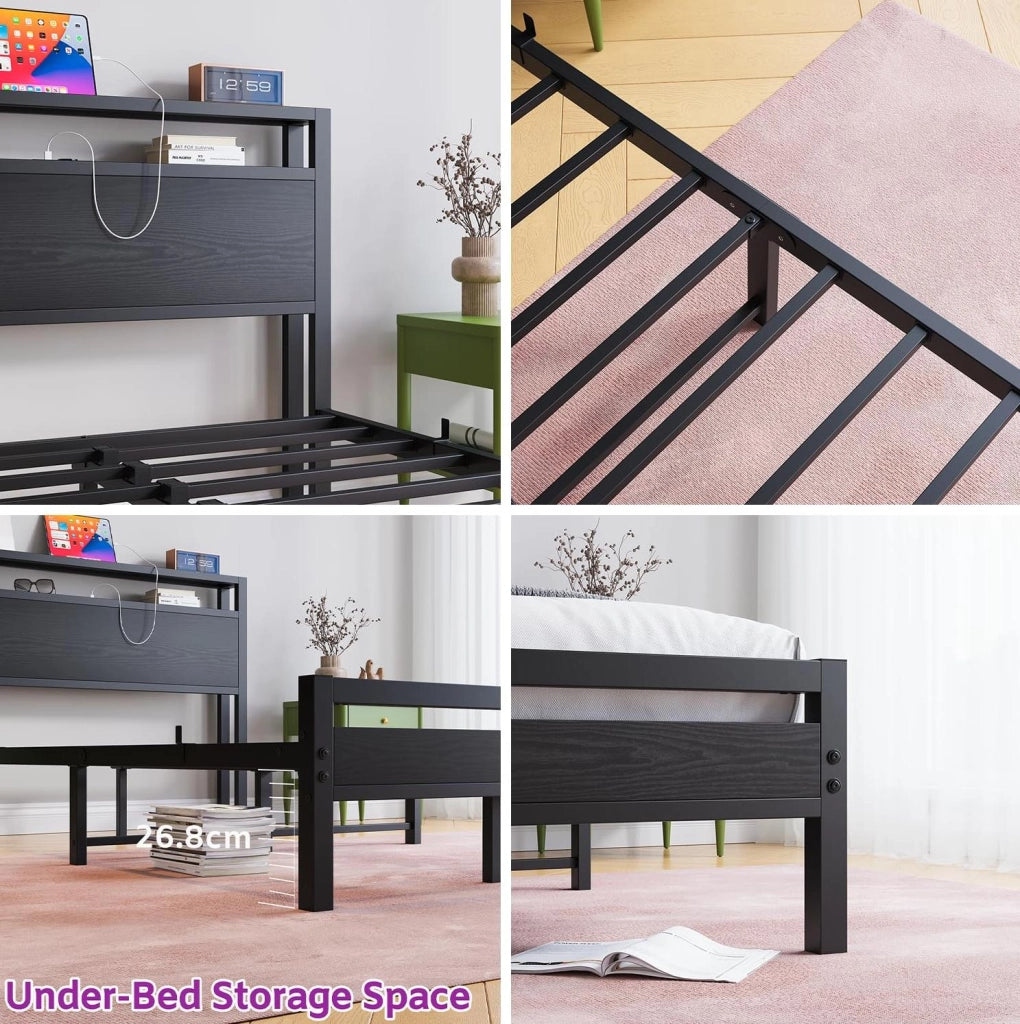 Letto ULEVR 140x200 cm in metallo e MDF nero con testiera a 2 ripiani, USB e presa integrata