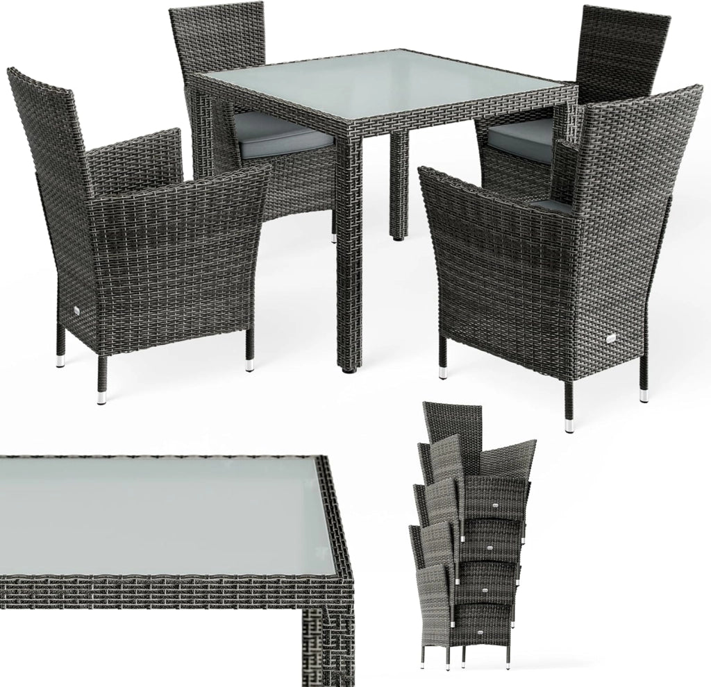 ® Set di Mobili da Giardino 4 Sedie Impilabili con Cuscini e Tavolo 90x90cm Polyrattan Balcone Terrazza