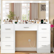 Toilette da trucco con luci, luminosità regolabile, specchio e spina, tavolo da toeletta con 7 cassetti, 3 ripiani, cassettiera moderna, camera da letto, bianco