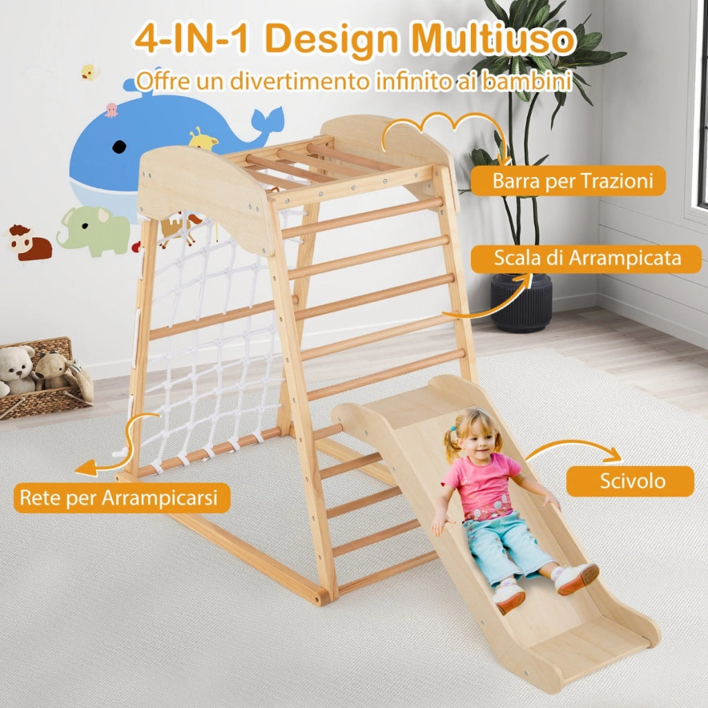 Set gioco da arrampicata in legno con ancoraggi al pavimento, Parco giochi con rampicata a doppia faccia Naturale-Arrampicate e scivoli