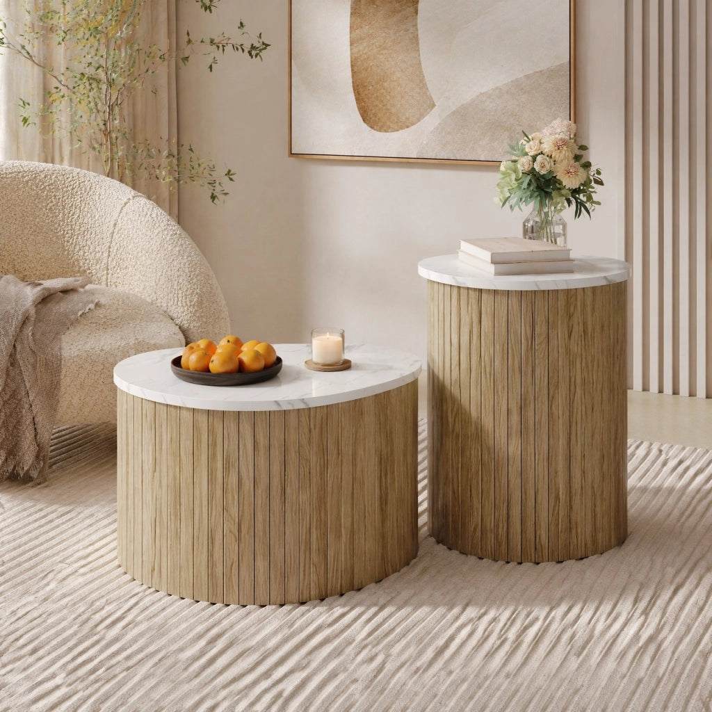 TAVOLINO da caffè Set da 2 pezzi 60x37x38+40x25x50 cm MDF naturale/bianco