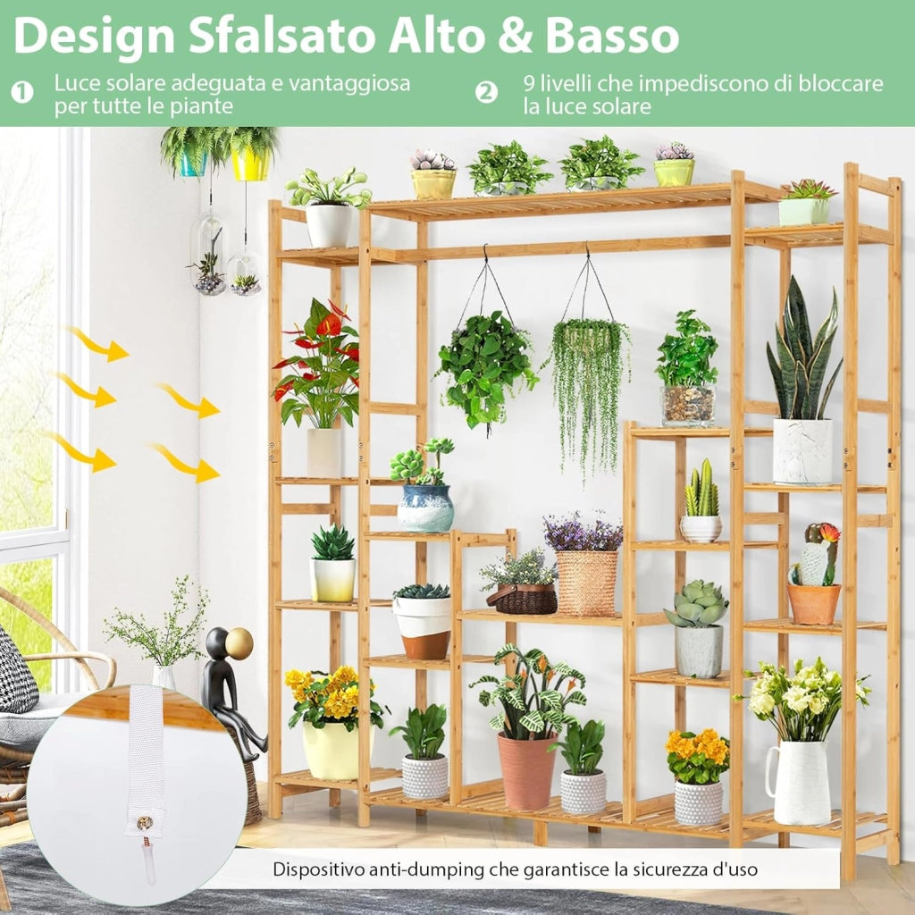 Scaffale per Piante in Bambù a 9 Livelli, Porta Fiori da Interno, Porta Vasi 2 in 1 con Barra e Dispositivo Antiribaltamento, 167 x 30 x 166 cm