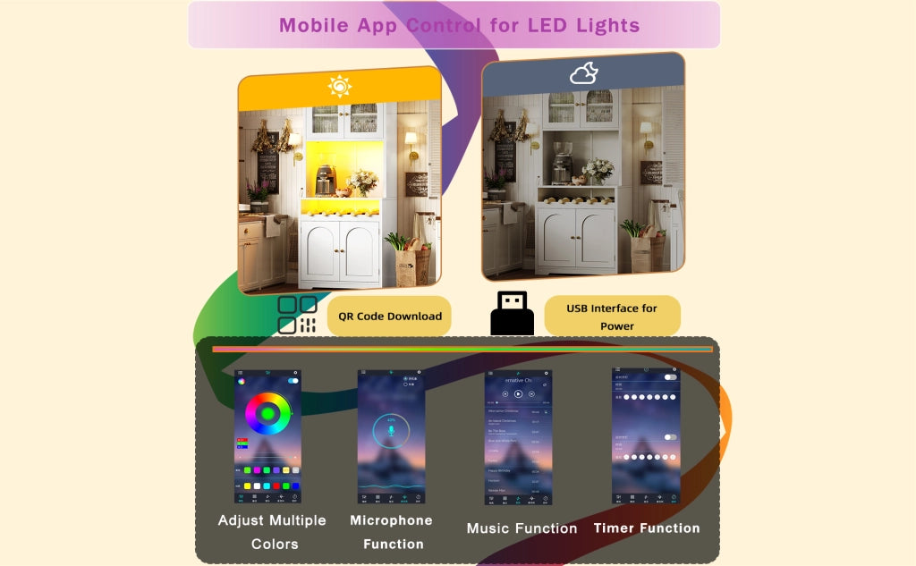 Credenza alta con LED RGB app, ante in vetro ondulato e portabottiglie per cucina e soggiorno bianca 70 × 38,3 × 180 cm