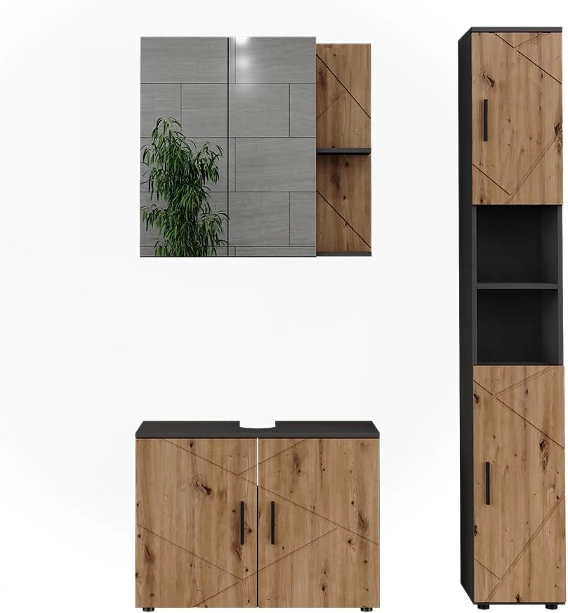 Set di mobili da bagno Irma, Antracite/Artisan, 80 cm, composto da mobile sottolavabo, specchiera e mobile medio
