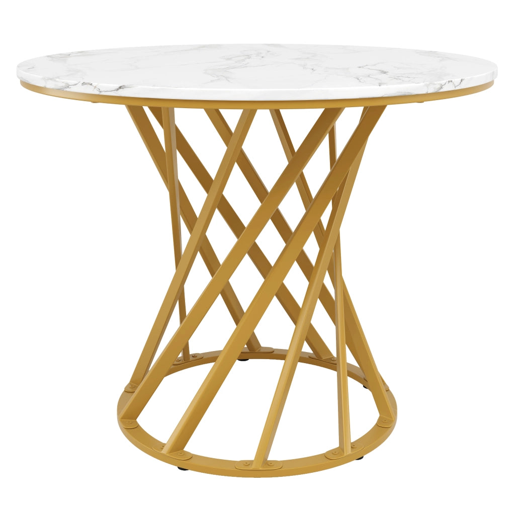 Tavolo da pranzo rotondo con gambe in metallo e piedini regolabili; in MDF e metallo; 80 x 80 x 76 cm; Bianco e Oro