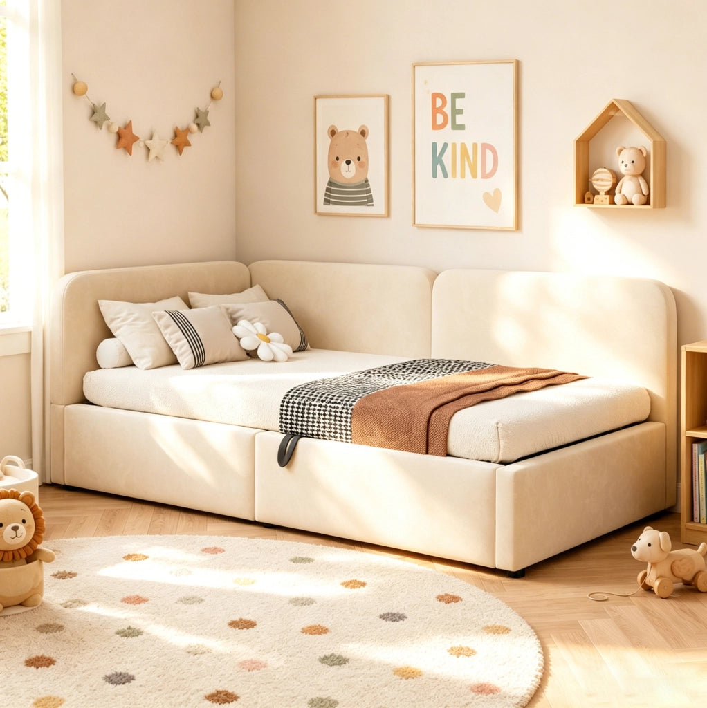 Letto divano imbottito 90x200 in tessuto beige con vano contenitore