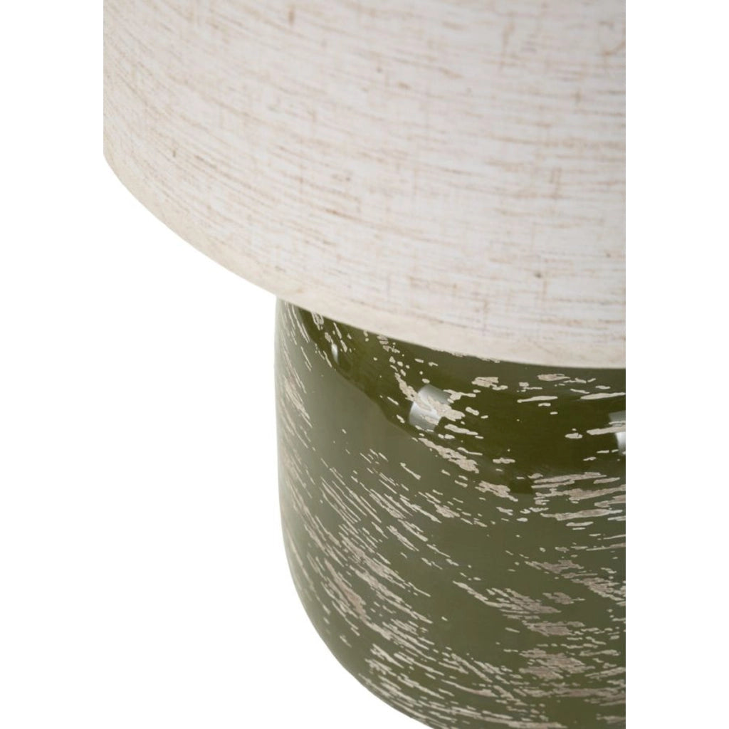 Lampada da tavolo in ceramica verde con paralume in tessuto