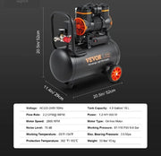 Compressore di aria portatile - Livello di rumore basso (70dB) - Potente - 900W - 6/8 bar - 11.5kg - inclusi 2 Silenziatori - 16.5x45x47cm - Acciaio - Nero
