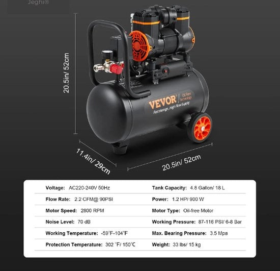Compressore di aria portatile - Livello di rumore basso (70dB) - Potente - 900W - 6/8 bar - 11.5kg - inclusi 2 Silenziatori - 16.5x45x47cm - Acciaio - Nero