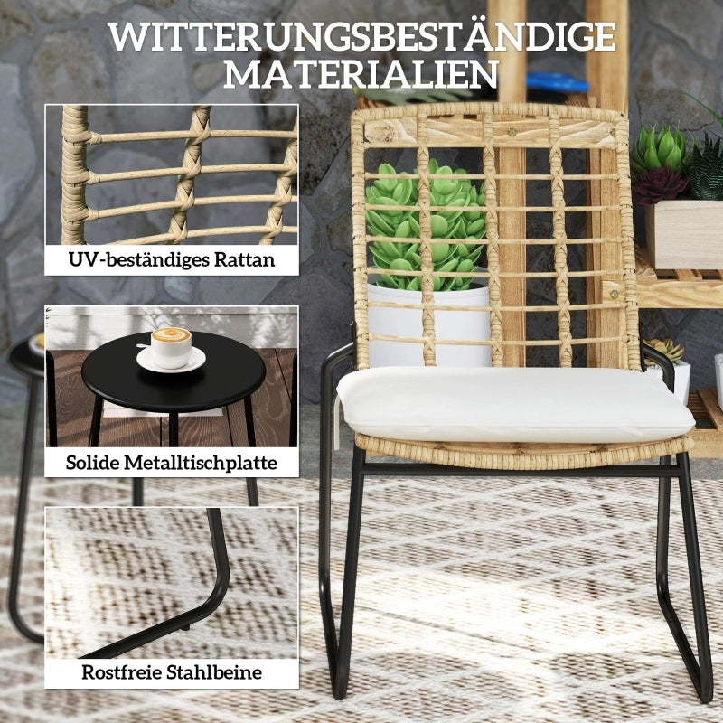 SET 3 PEZZI Salotto da balcone in rattan beige con sedie impilabili e tavolino