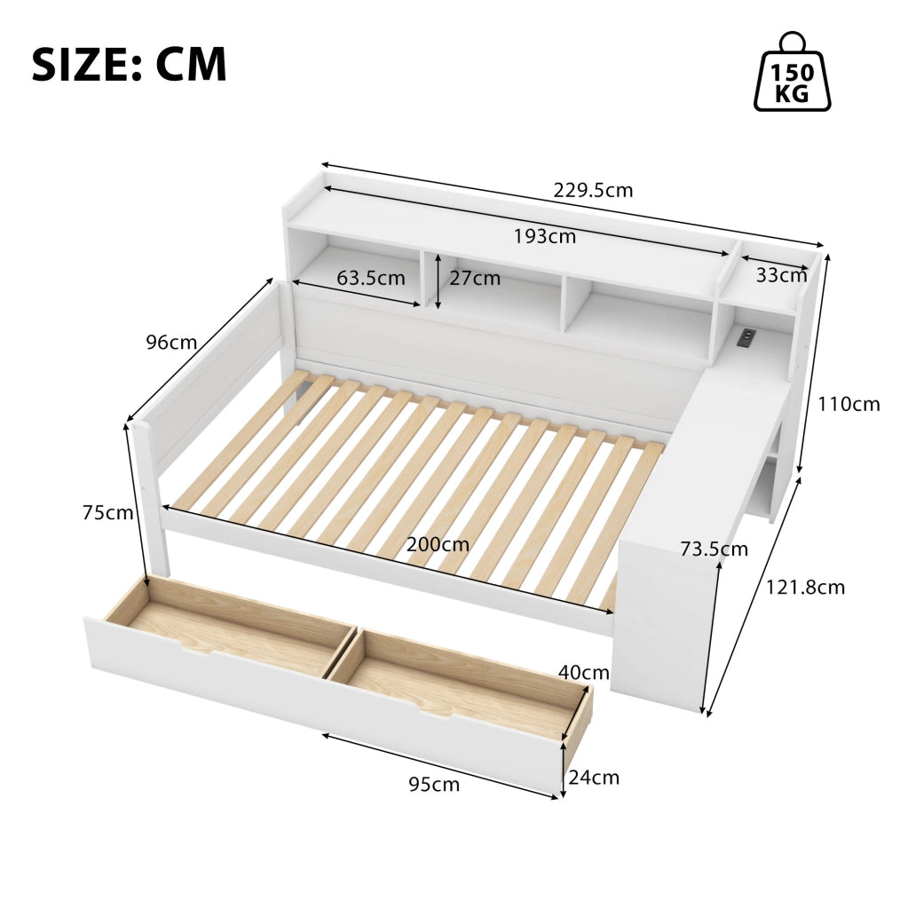 Letto multifunzione 90x200 cm con scrivania, cassetti e prese USB