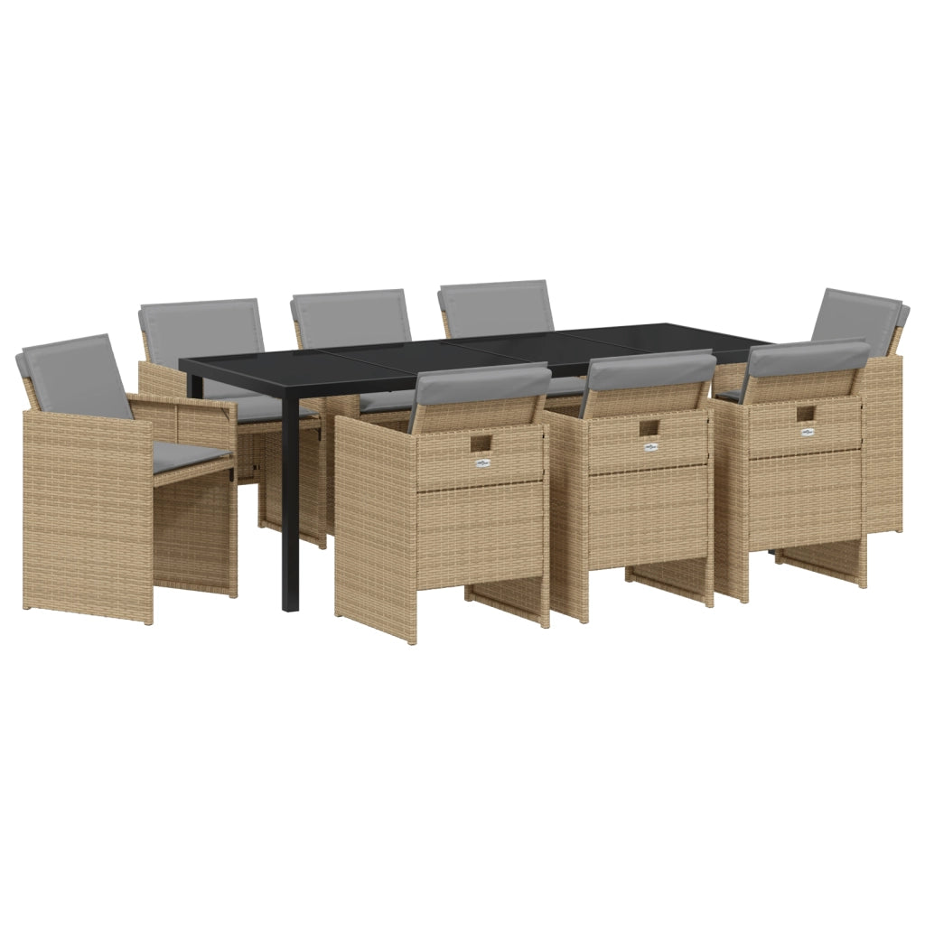 Set da Pranzo da 9 Pezzi per Giardino con Cuscini in Rattan Beige Poliestere