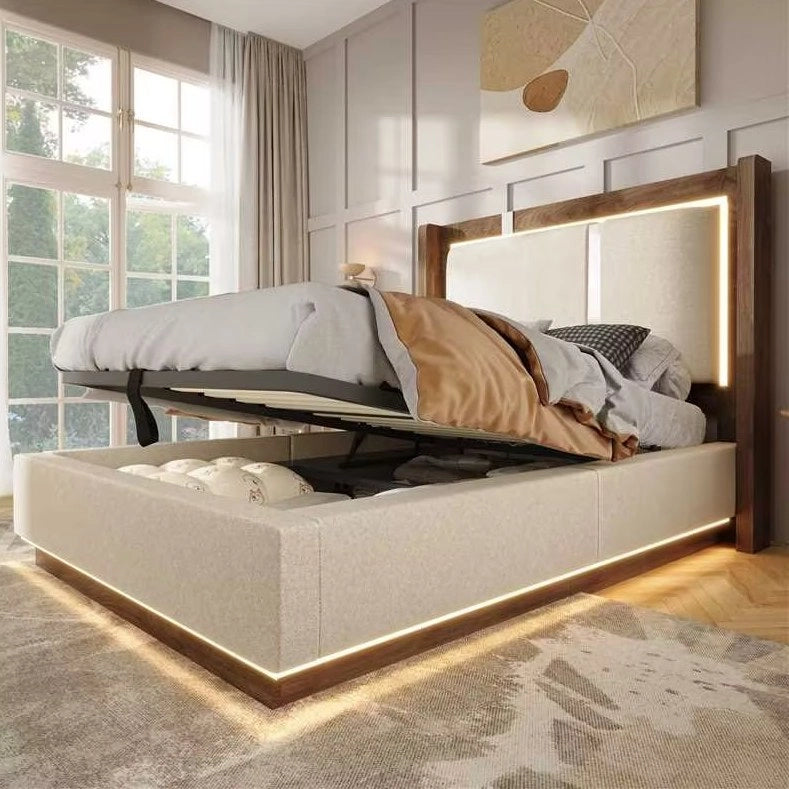 Letto imbottito 90x200 cm con rete a doghe, LED e contenitore, lino beige e noce, senza materasso
