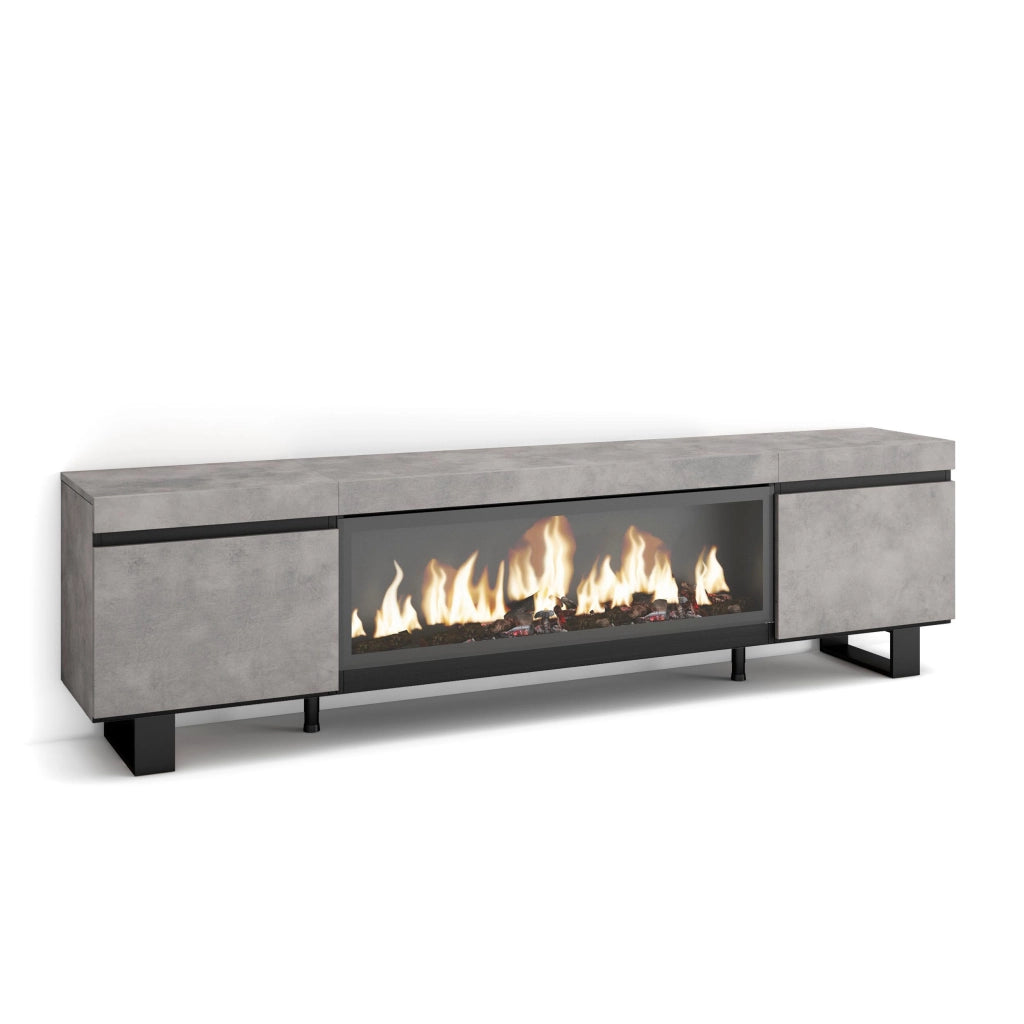 Mobile TV, Soggiorno, 208x35x57cm, Per TV fino a 80", Camino elettrico XXL, Design industriale, grigio cemento RF3211
