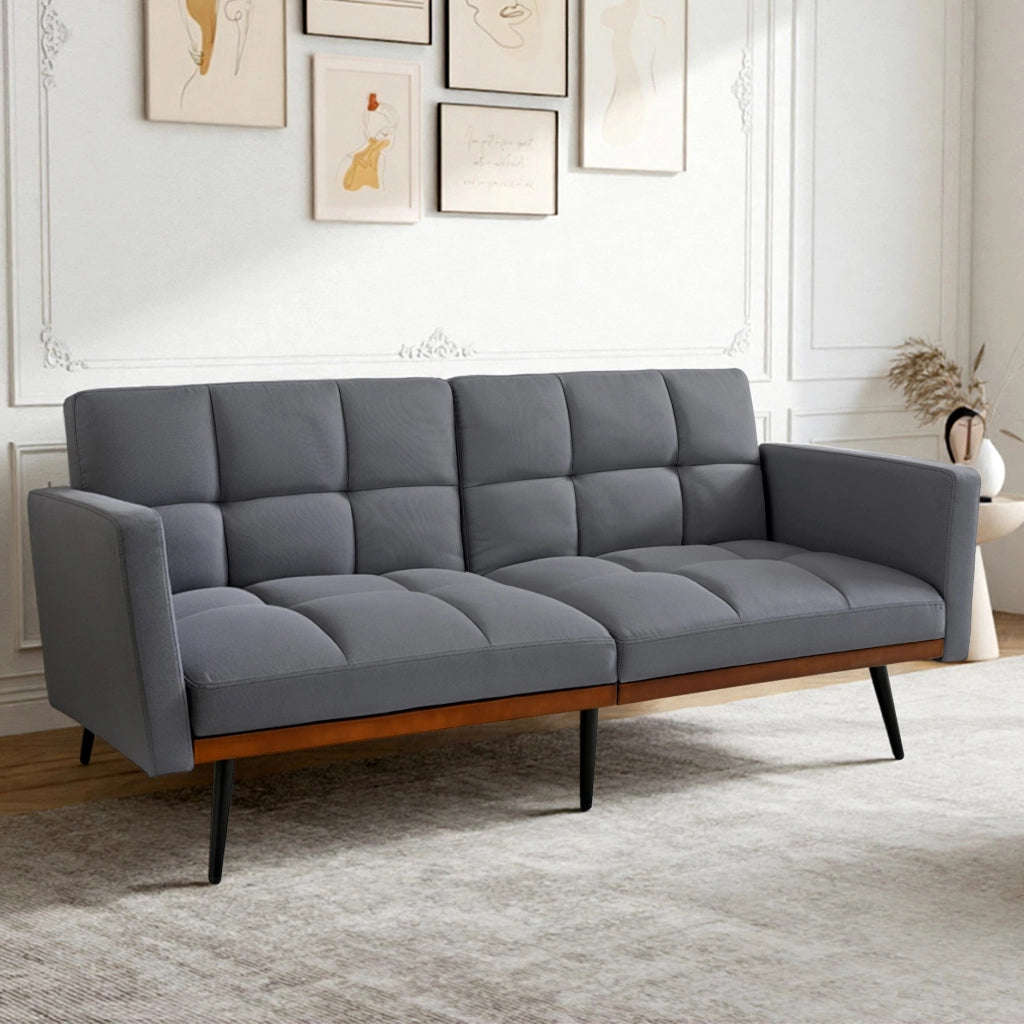 Divano Futon 3 Posti ¨C MINIMAL ¨C Grigio, Tessuto Lino, Schienale Regolabile, Gambe in Metallo, 146 cm