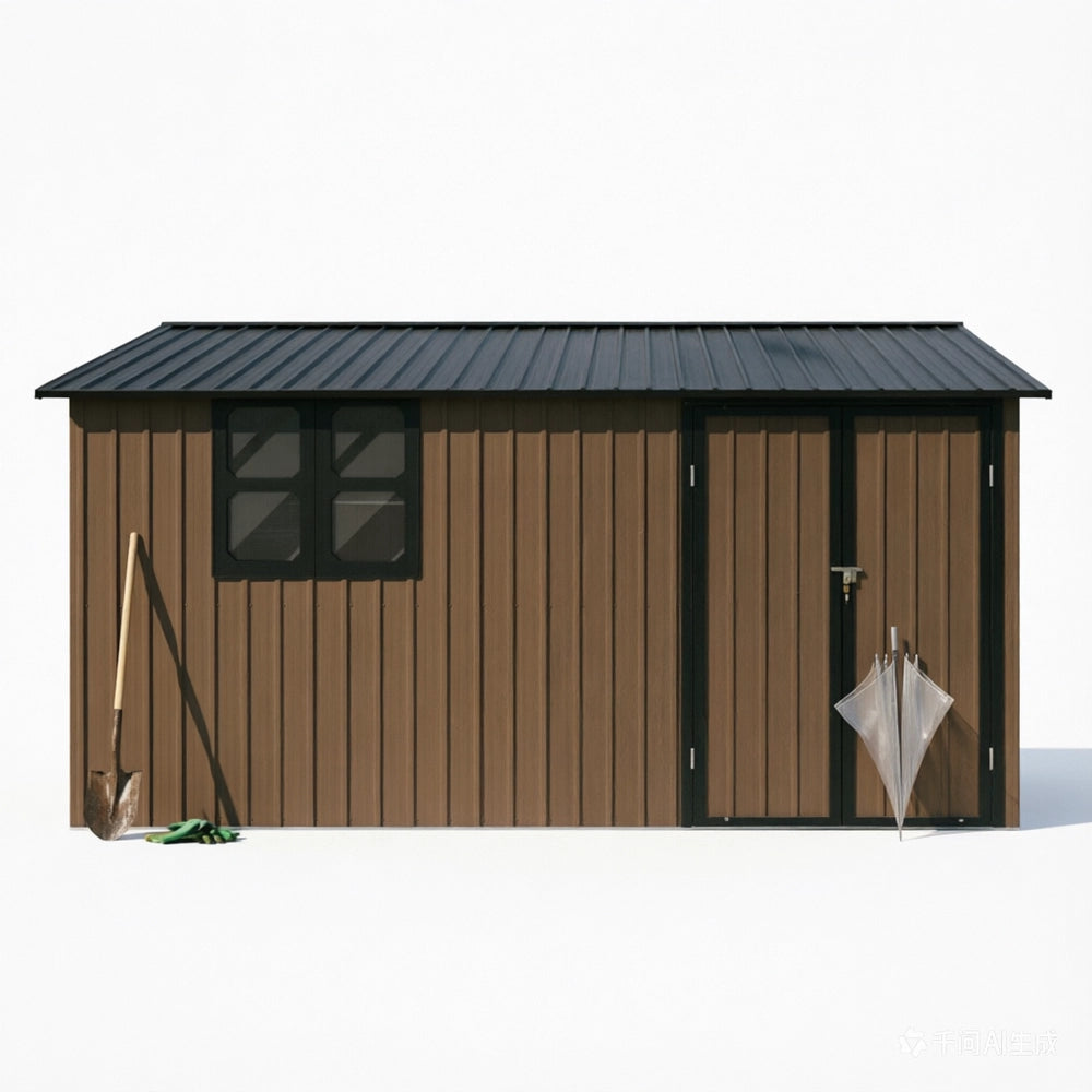 Casetta da Giardino in Metallo con Porta e Finestra ¨C MINIMAL ¨C Marrone/Nero, 362x285.5 cm