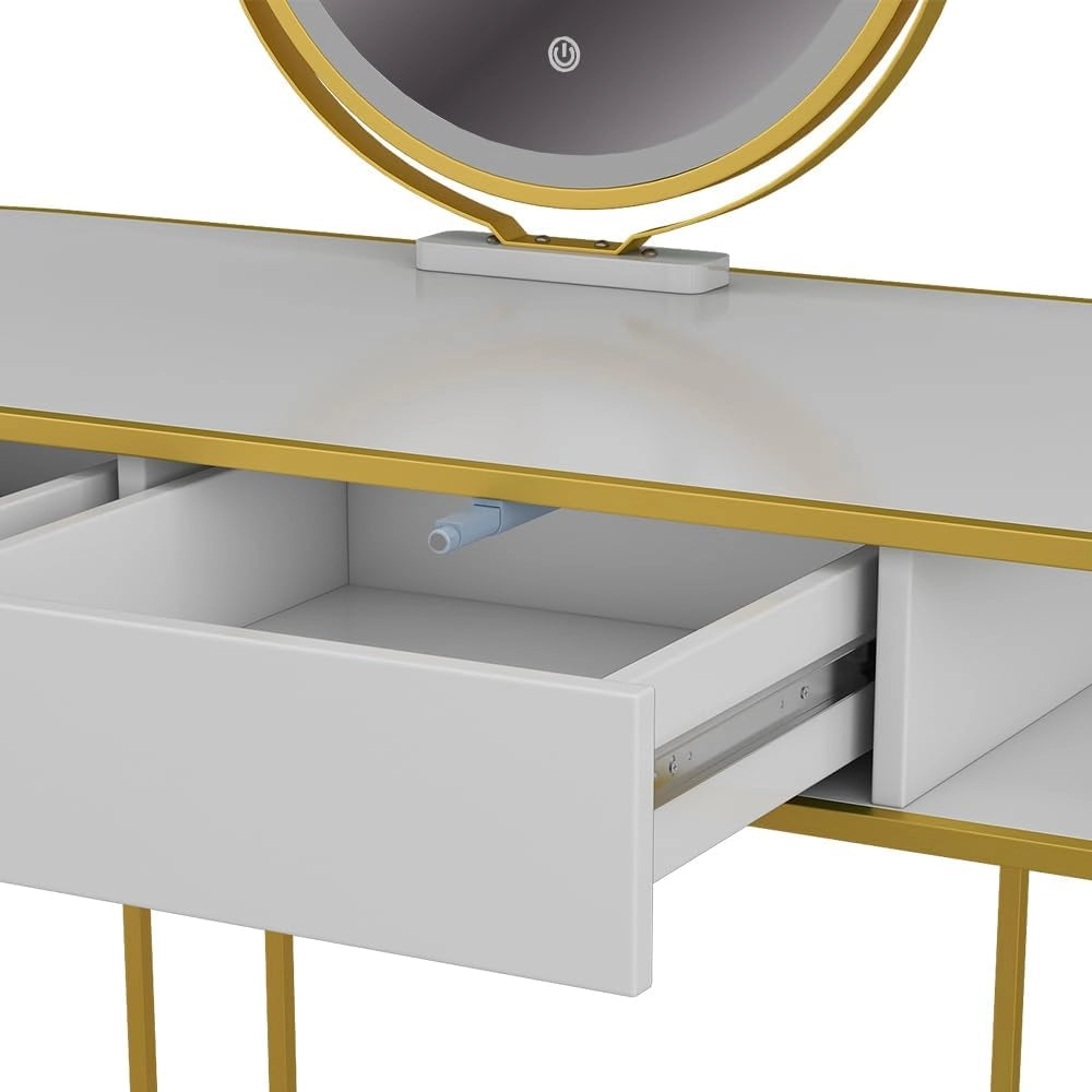 Tavolo da toilette Tiara, Bianco/Oro, 110 cm, con illuminazione LED e specchio regolabile in altezza