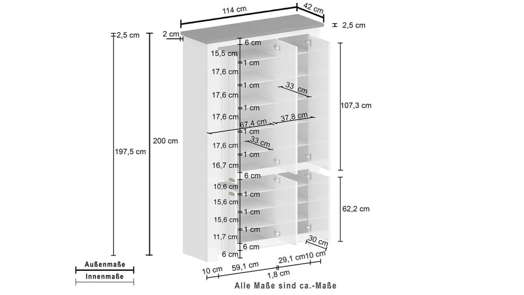 Scarpiera 6 Ante 114x42x200 cm Figo 6A Bianco Opaco/Report Grigio