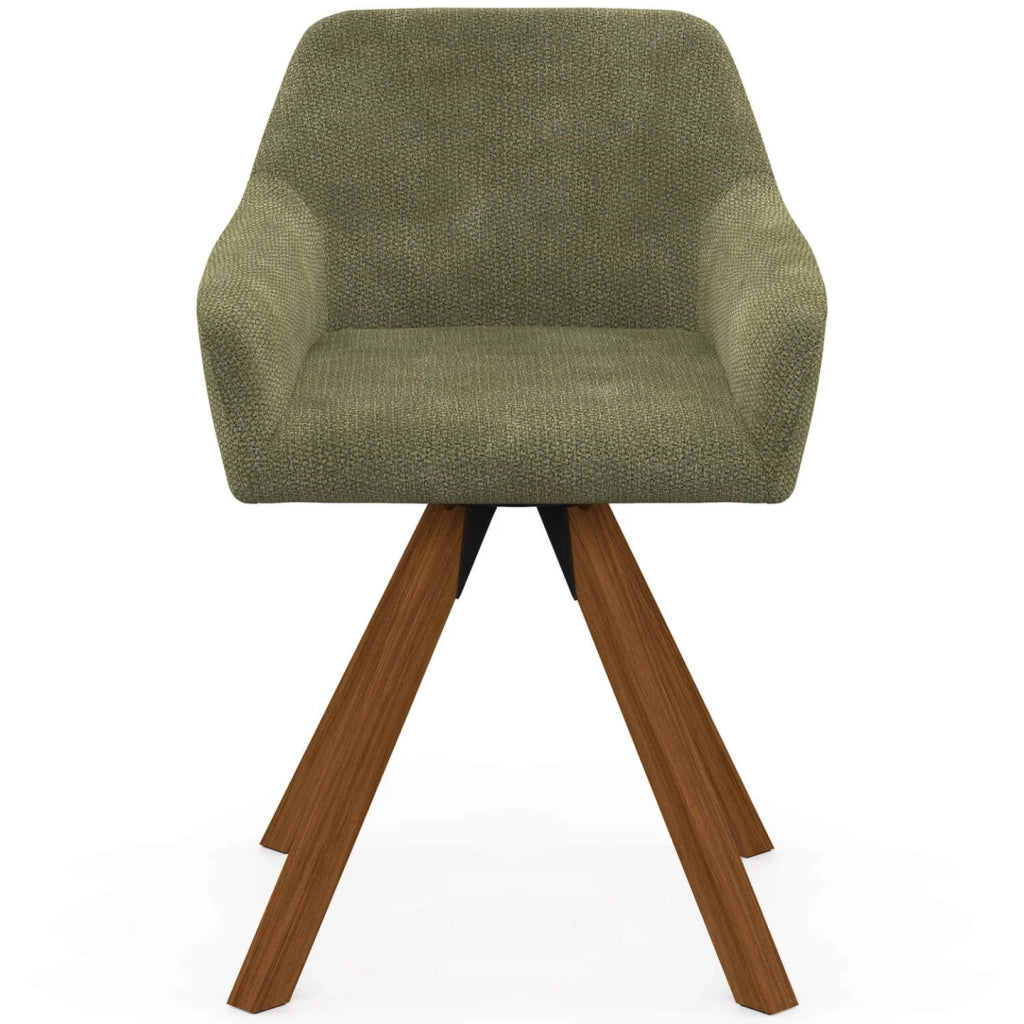 IDMarket - Set di 2 poltrone girevoli per sala da pranzo e tavolo JANY in tessuto di ciniglia verde con gambe in noce