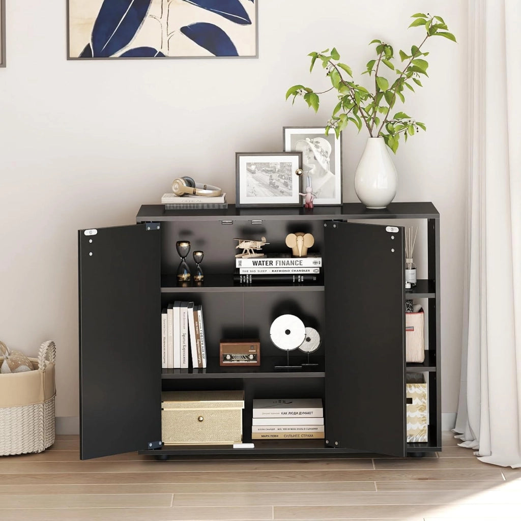 Scarpiera a 3 ripiani con 2 ante e 3 scomparti aperti con ripiani rimovibili, cassettiera per ingresso, corridoio e soggiorno, 80 x 31 x 64,5 cm (nero)
