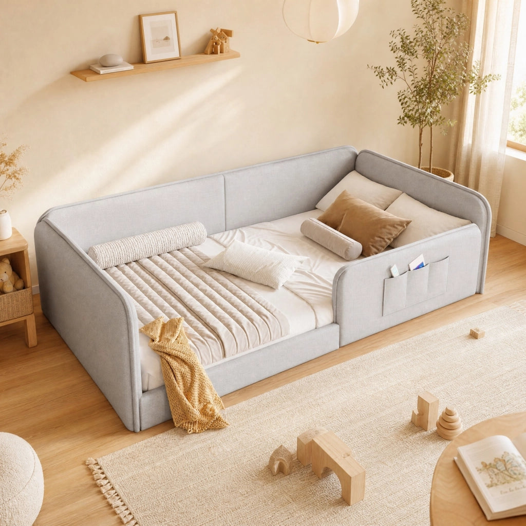 LETTO 90x200 cm in Lino Beige con tasche laterali