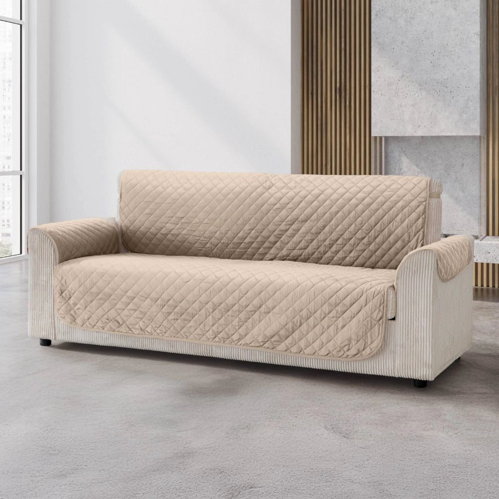 Copridivano Con Braccioli Antimacchia Trapuntato Protettore Impermeabile Salvadivano Idrorepellente Imbottito Con Elastico Antiscivolo Beige - Divano 4 posti
