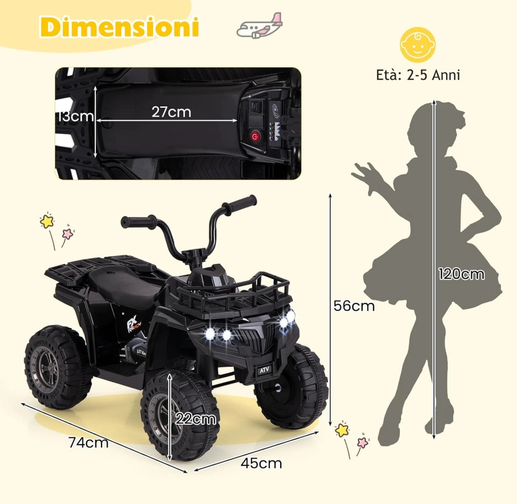 Macchina Elettrica per Bambini, 6V Quad con Fari LED, Cestino Portaoggetti e Lettore MP3, 2 km/h, Veicolo Giocattolo per Bambini 2-5 Anni (Nero)