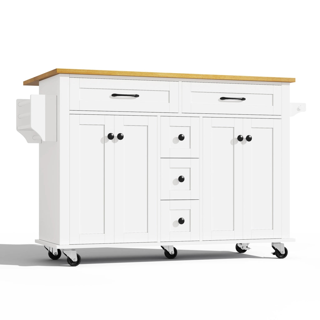 Isola da Cucina Mobile 140x40/65x89 cm Bianca e Legno con Piano Ribaltabile, 5 Cassetti e 5 Ruote