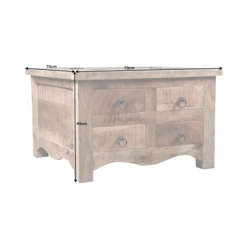 Tavolino quadrato LODEN 70 cm in legno massiccio di mango con cassapanca e 4 cassetti - stile industriale